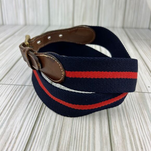 Vintage 90s Dooney & Bourke Wool Surcingle Blue Red Stripe Belt Brass Leather 30 - Picture 7 of 8